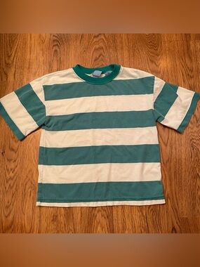 Vintage 90s Body Rags Boys Teal and White Wide Striped Tee Shirt